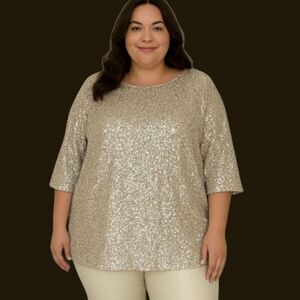 Cable & Gauge 2X Sequined Top Champagne Pullover Sparkly Holiday Party NWT